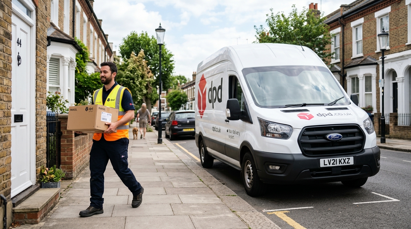 UK Parcel Delivery Courier delivering box to doorstep